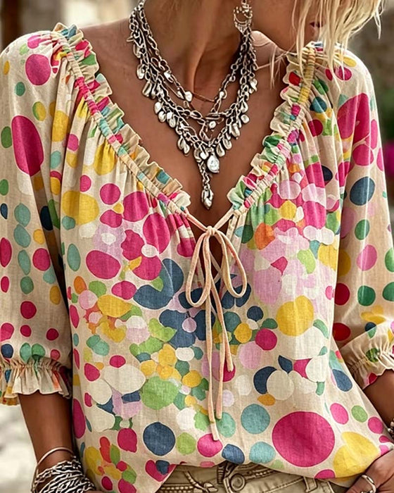 V-Neck Polka Dot Lace Up Blouse