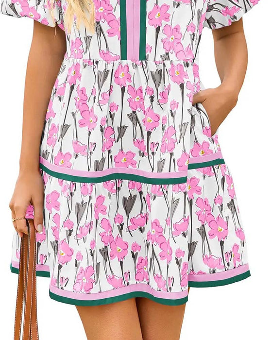 V-Neck Floral Bubble Sleeve Patchwork Dress