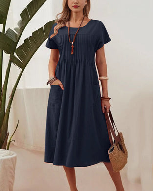 Pleated Short Sleeve Cotton And Linen Dress