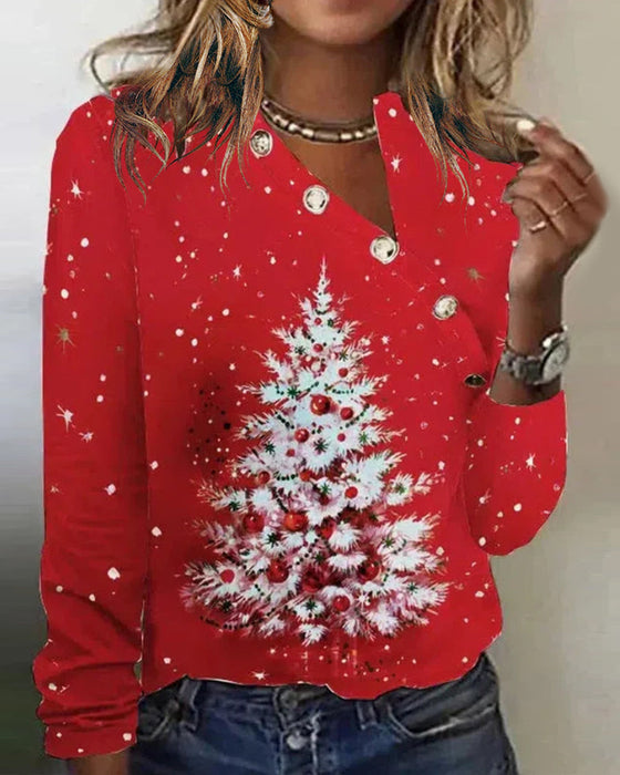 Side Shoulder Button Christmas Tree Print Top