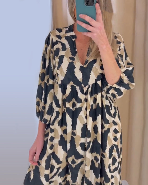 V-neck printed casual long dress