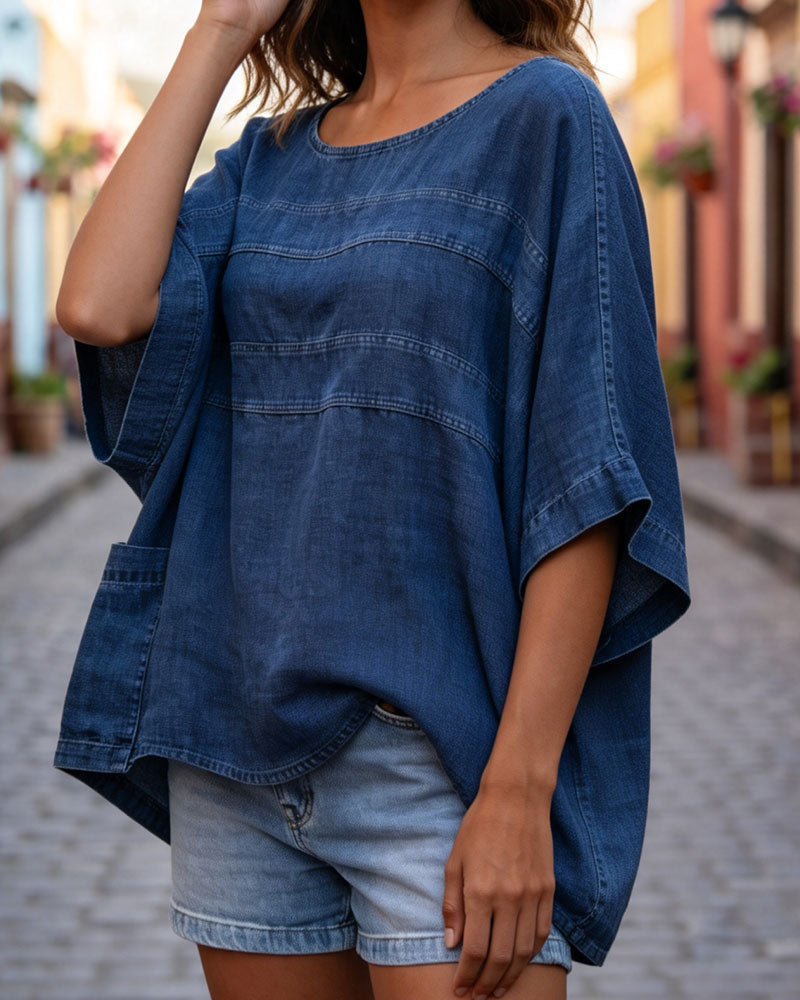Loose Batwing Sleeve Denim Top