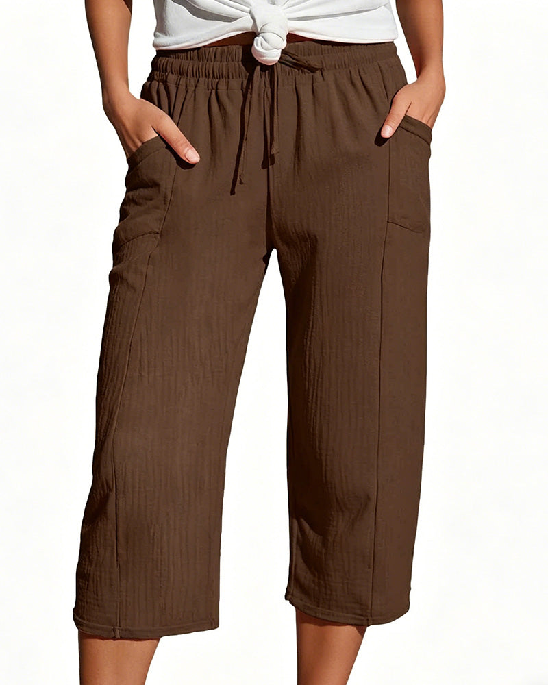 Solid Color Drawstring Wide-Leg Cropped Pants