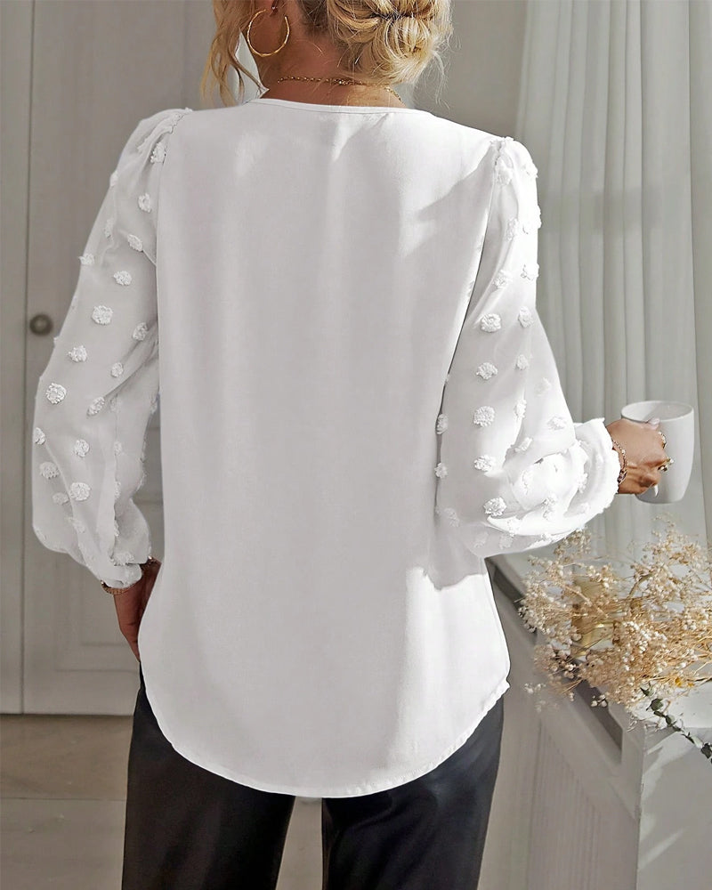 Dot Patchwork Lantern Sleeve V-Neck Tops