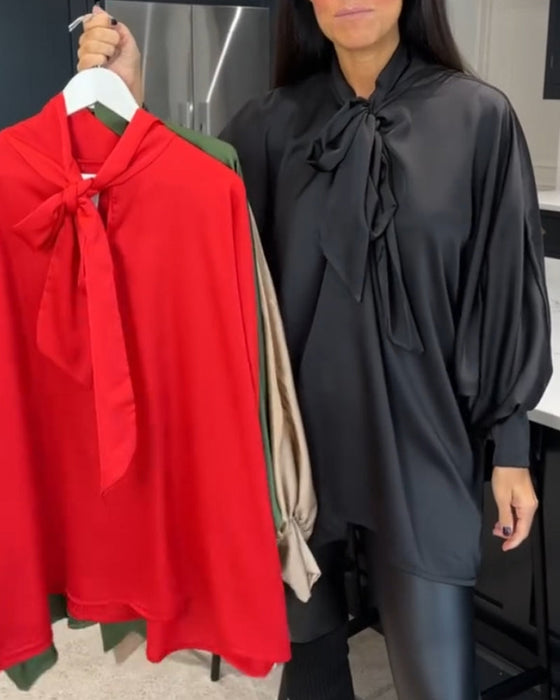 Ribbon collar solid color and elegant blouse