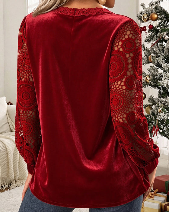 V-Neck Cutout Lace Panel Long Sleeve Blouse