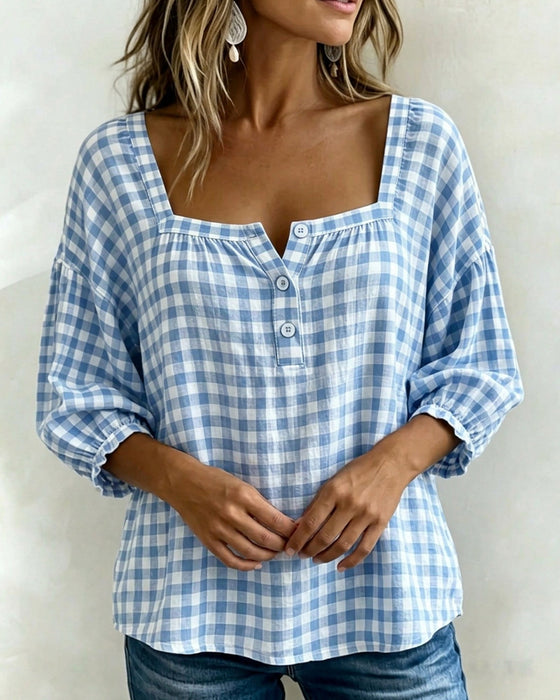 Square Neck Button-Up Plaid Blouse