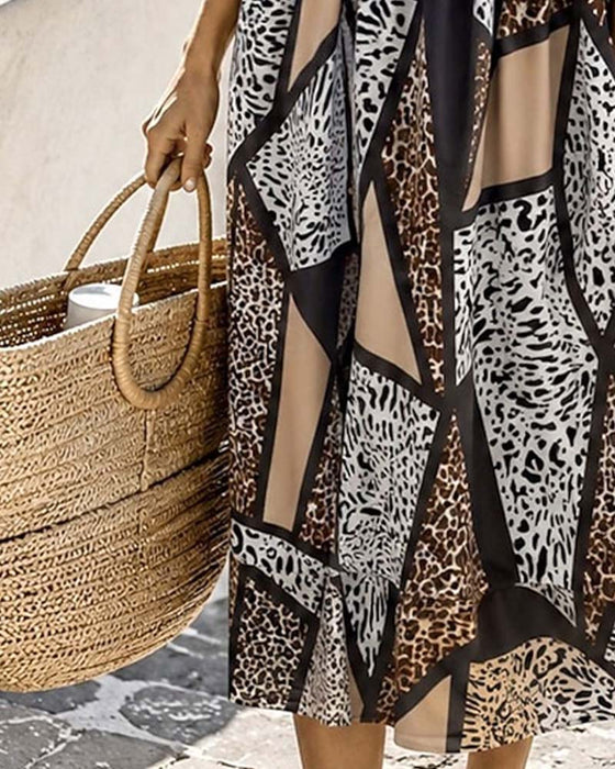 Geometric Patchwork Leopard Full Skirt Maxi Dress