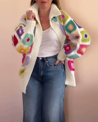 Lapel colorful square print cardigan