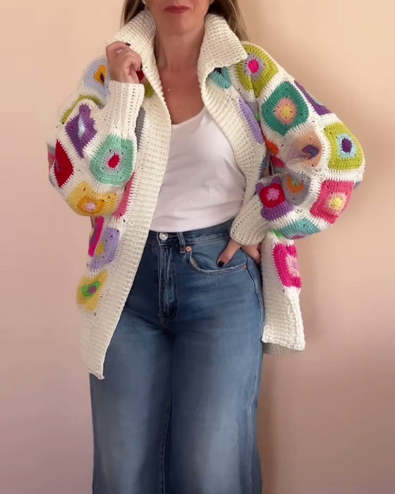 Lapel colorful square print cardigan