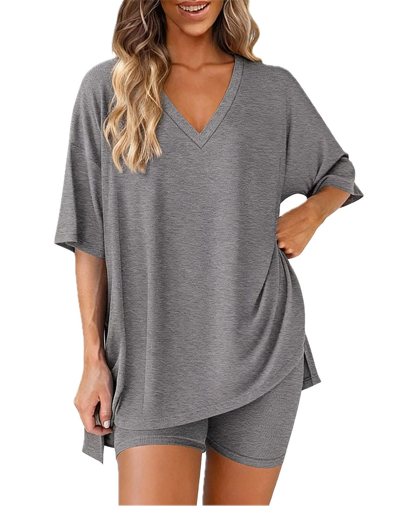 Relaxed Solid V-Neck Two-Piece Set