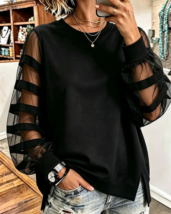 Round Neck Slit Solid Color Tulle Sweatshirt