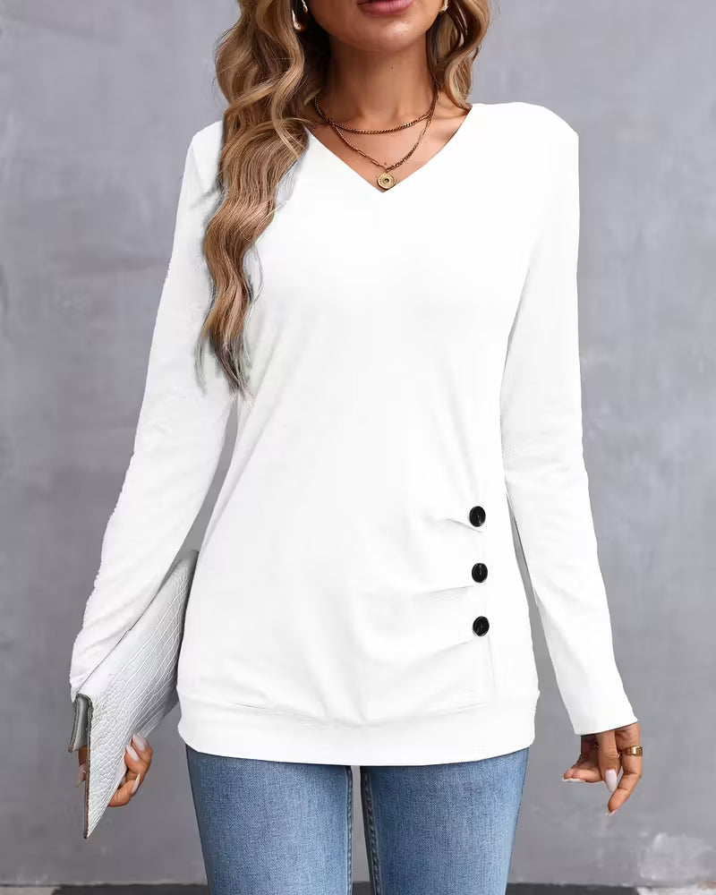 V-Neck Button-Down Long-Sleeved Top