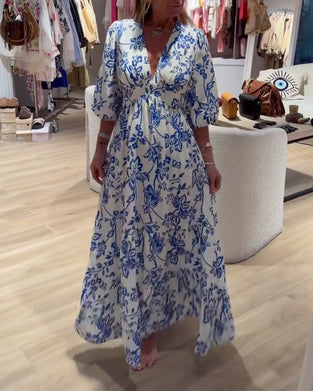 Deep V-Neck Elegant Floral Long Dress