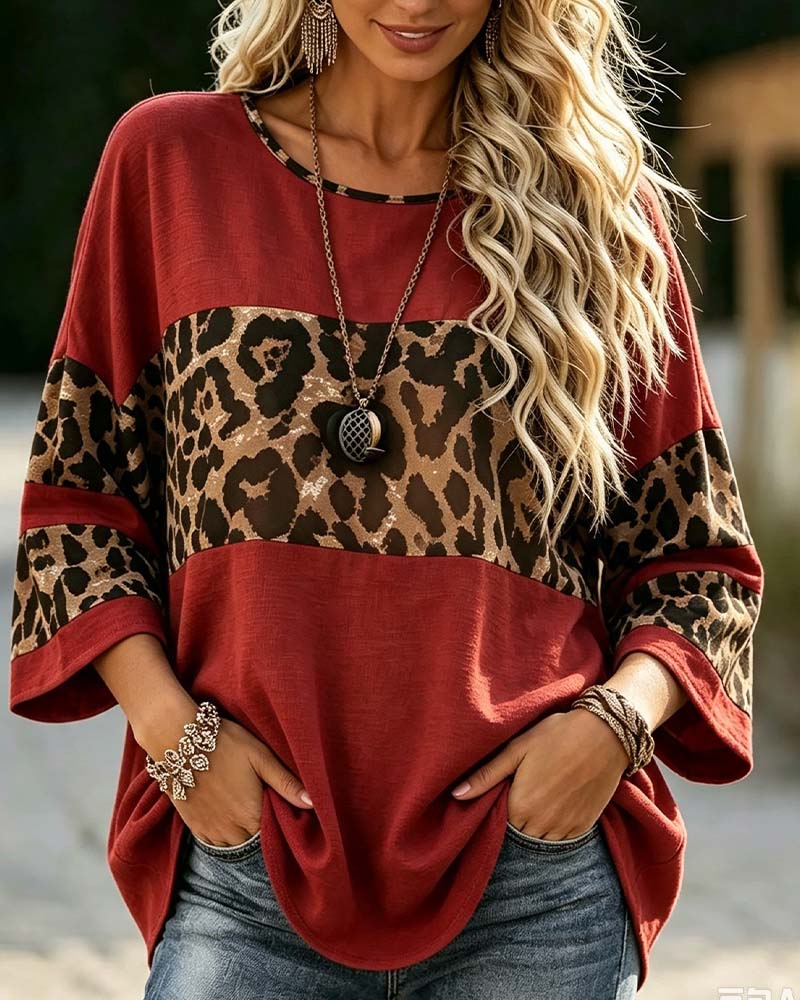Crew Neck Leopard Color-Block Top