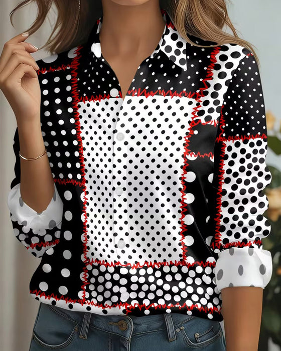 Polka Dot Long Sleeve Color-Block Shirt