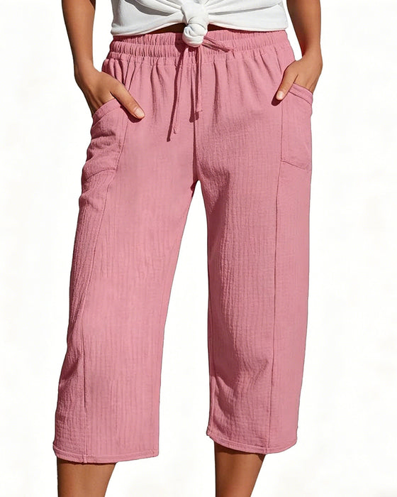 Solid Color Drawstring Wide-Leg Cropped Pants
