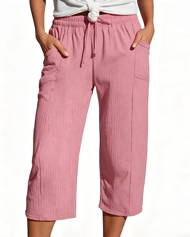 Solid Color Drawstring Wide-Leg Cropped Pants