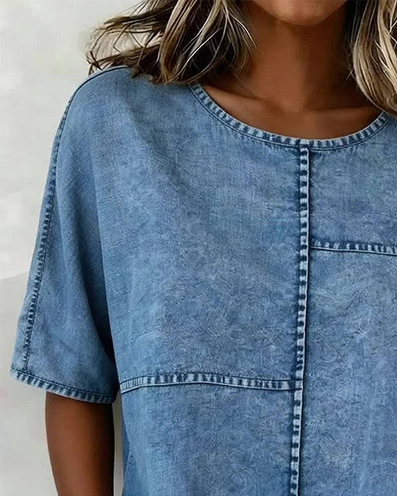 Distressed Denim Short Sleeve Top