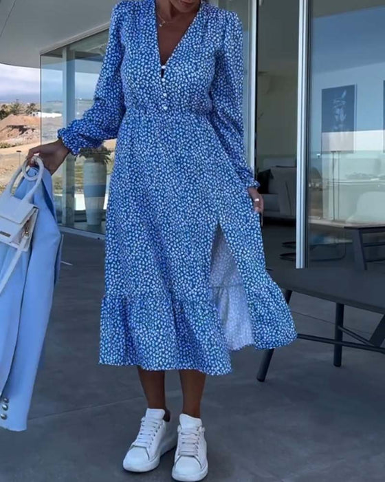 V-neck floral patchwork dressa