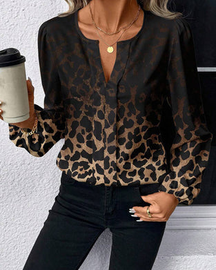Puff-Sleeved Gradient Leopard Print Shirt