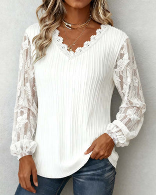Lace-Trimmed V-Neck Ribbed Top