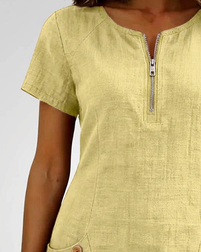 Zipper Pocket Cotton Linen Dress