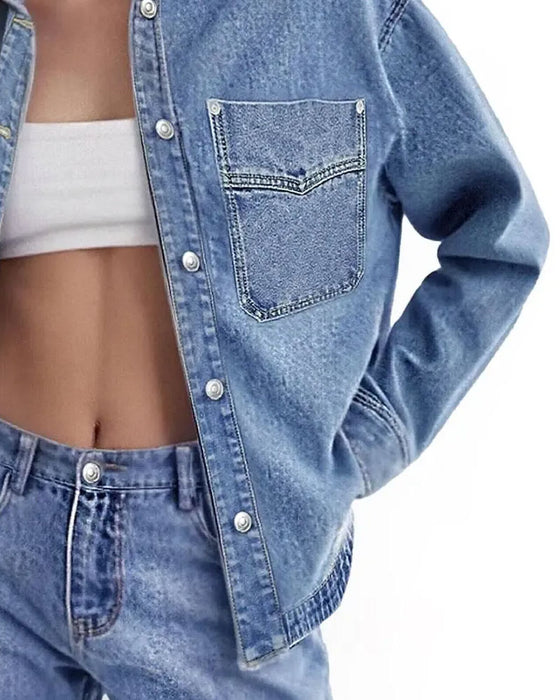 Lapel Button Long Sleeve Denim Shirt