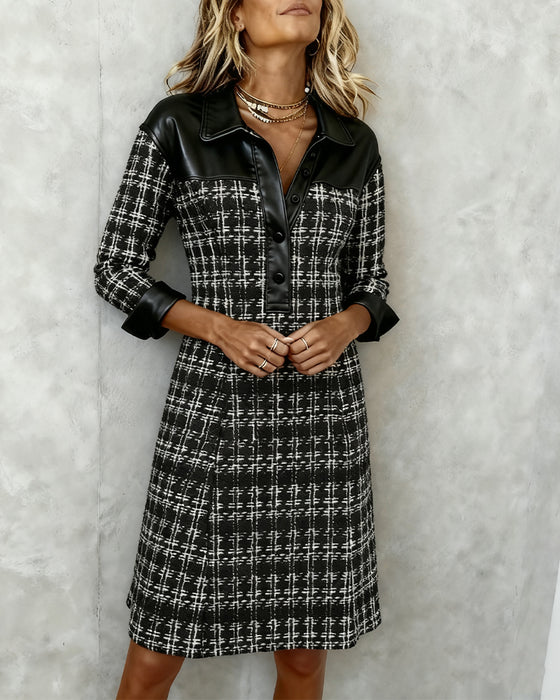 Long-Sleeved Patchwork Houndstooth Dress