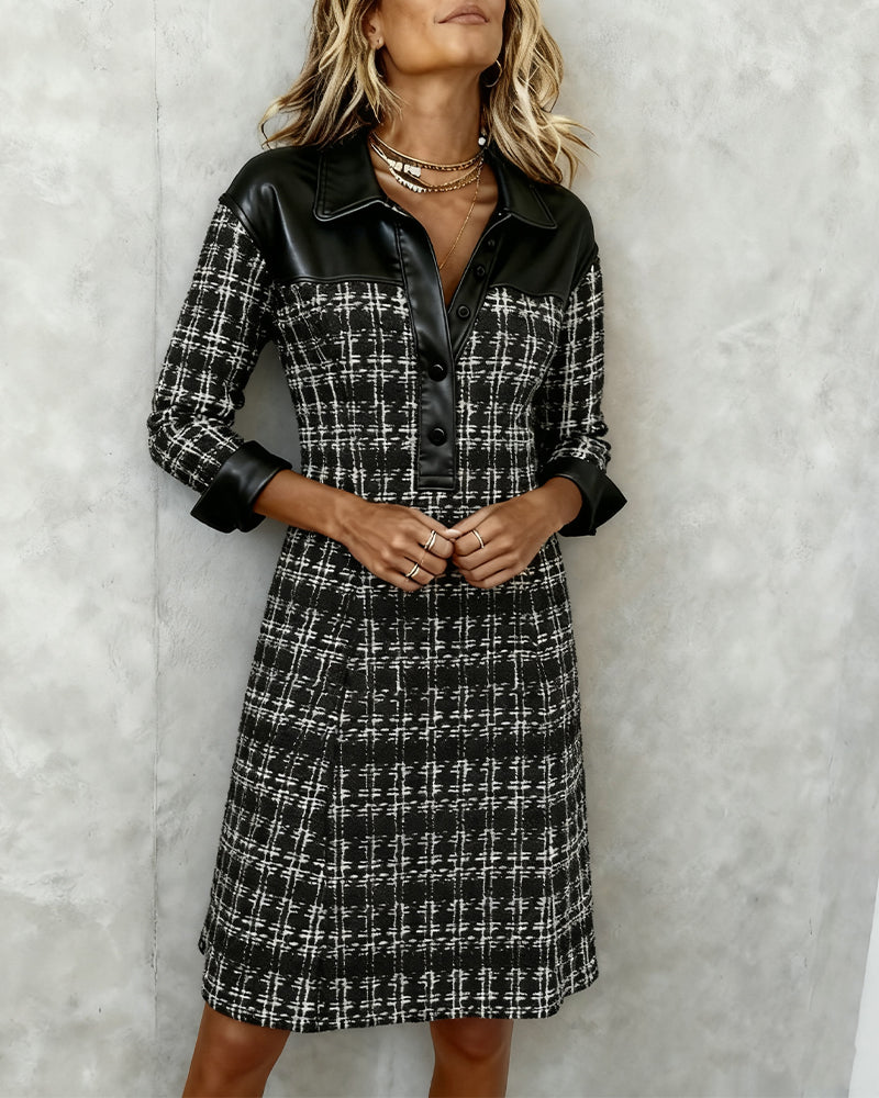 Long-Sleeved Patchwork Houndstooth Dress