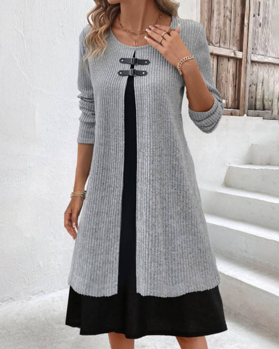 Patchwork rib long sleeve dress