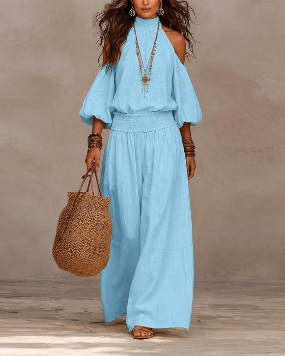 Off-Shoulder Long Sleeve Shirred Pants Set