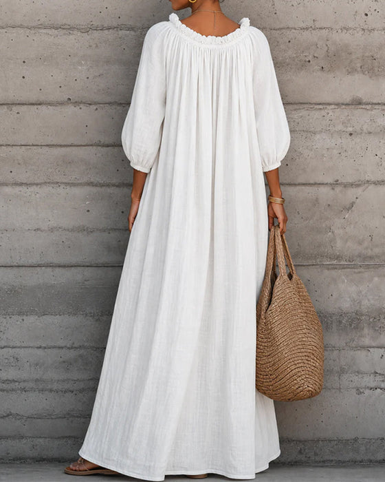 Pure White Bubble Sleeve Full Skirt Maxi Dress