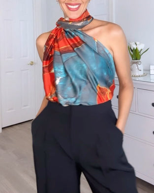 Printed irregular halter sleeveless top