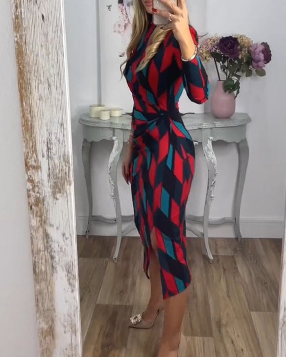 Diamond pattern print slit dress
