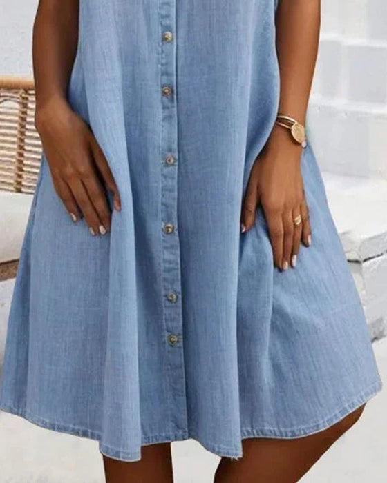 Short Sleeve Lapel Solid Button Dress