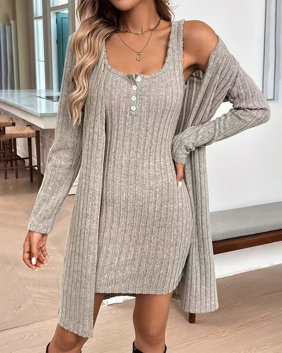 Ribbed Cardigan Vest Dress Set