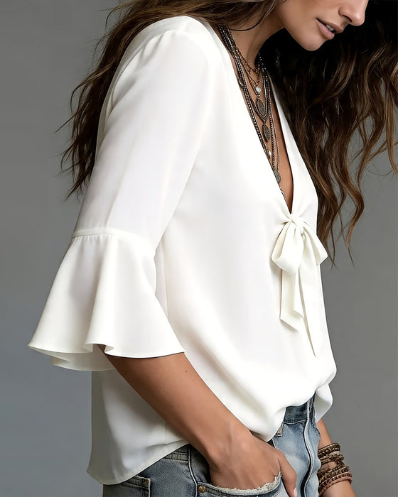 V-Neck Bow Flare Sleeve Blouses