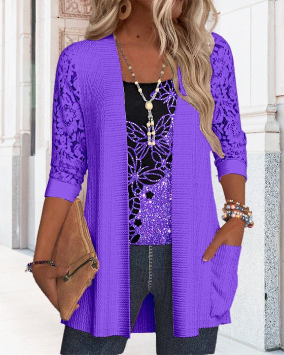 Casual butterfly lace patchwork pocket top