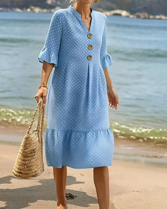 Polka Dot V-Neck Ruffle Sleeve Dress