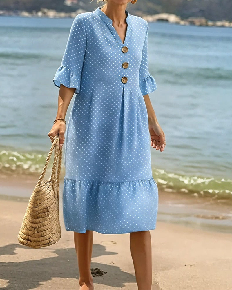 Polka Dot V-Neck Ruffle Sleeve Dress