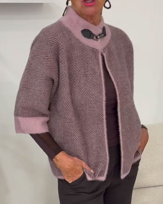 Herringbone Color Block Cropped Knit Cardigan