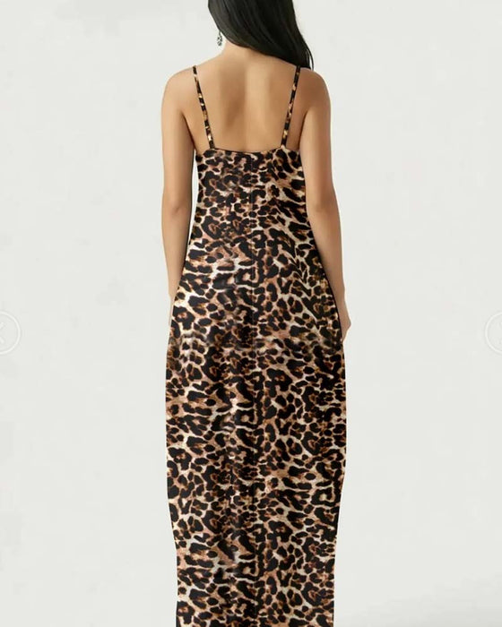 Spaghetti Strap Leopard Print Waist-Cinching A-Line Dress