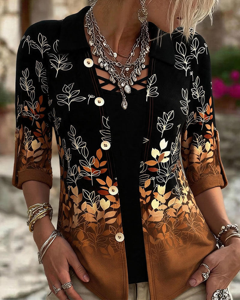 Gradient Autumn Leaf Print Mock Two-Piece Top