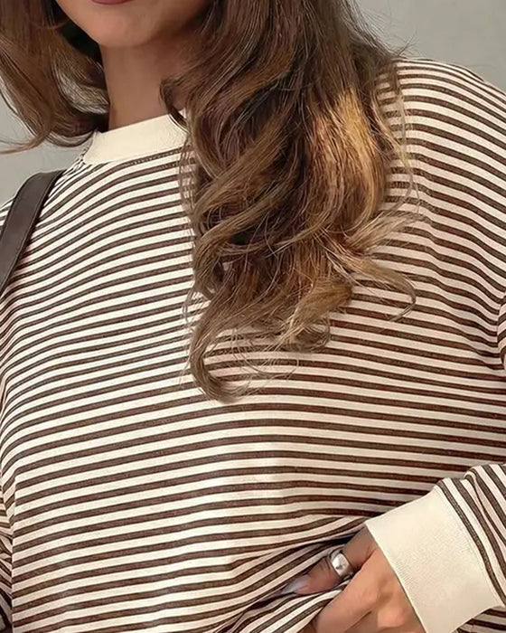 Crew Neck Striped Loose Long Sleeve Top