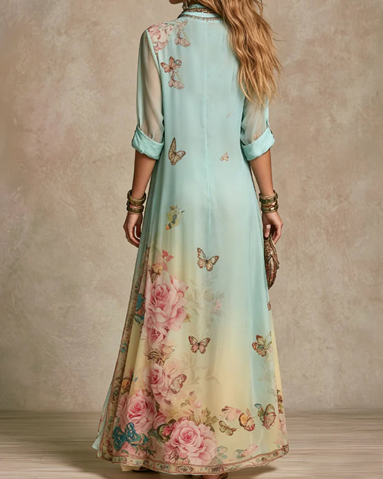 Lapel Butterfly Rose Print Dress