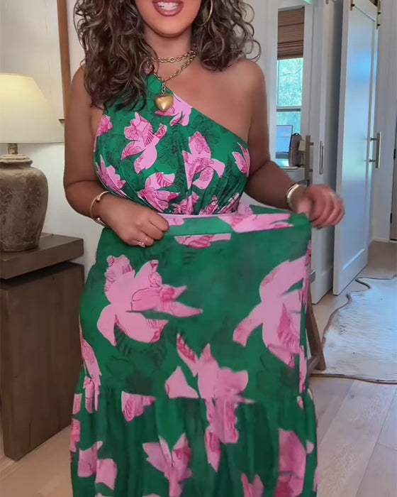 Color Block Floral One-Piece Swimsuit Cover-Up