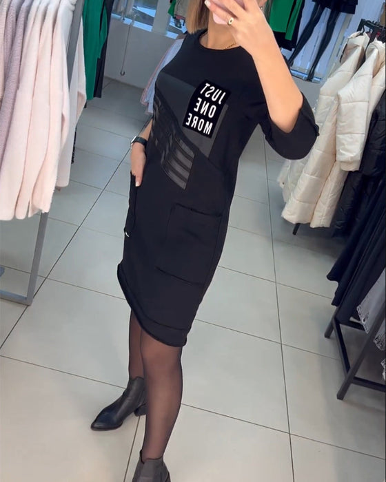 Pocket print Shift dress with Long Sleeve