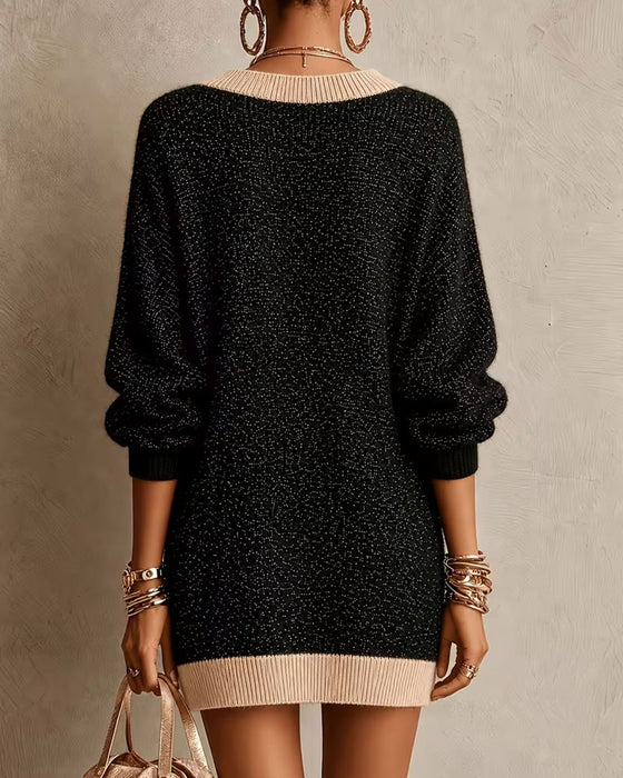 V-neck Long-sleeved Loose Knit Sweater Dress