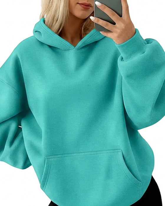 Hooded Pocket Solid Loose Hoodie